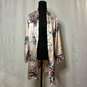 Floral Satin Kimono Robe Duster Blush Peony Print Long Sleeve Size S
